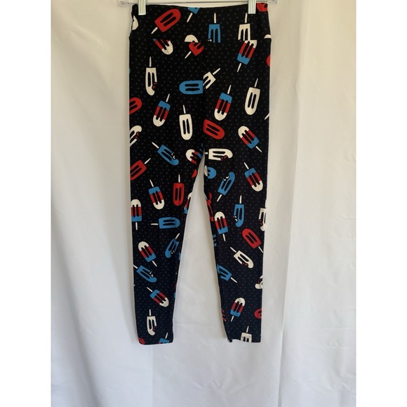 Lularoe OS 4TH OF JULY LEGGINGS POPSICLES STARS BLACK - Picture 1 of 6